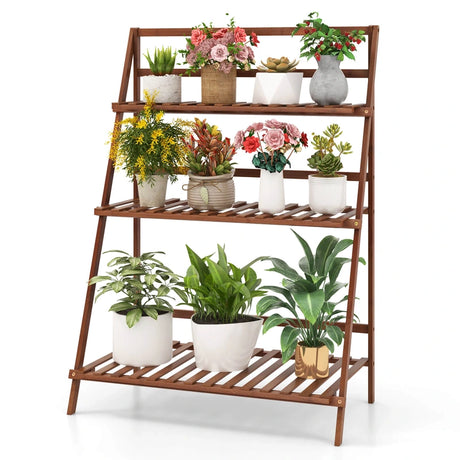 Folding Bamboo Plant Stand for Living Room Patio Garden Balcony Porch-Coffee