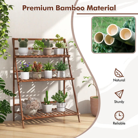 Folding Bamboo Plant Stand for Living Room Patio Garden Balcony Porch-Coffee