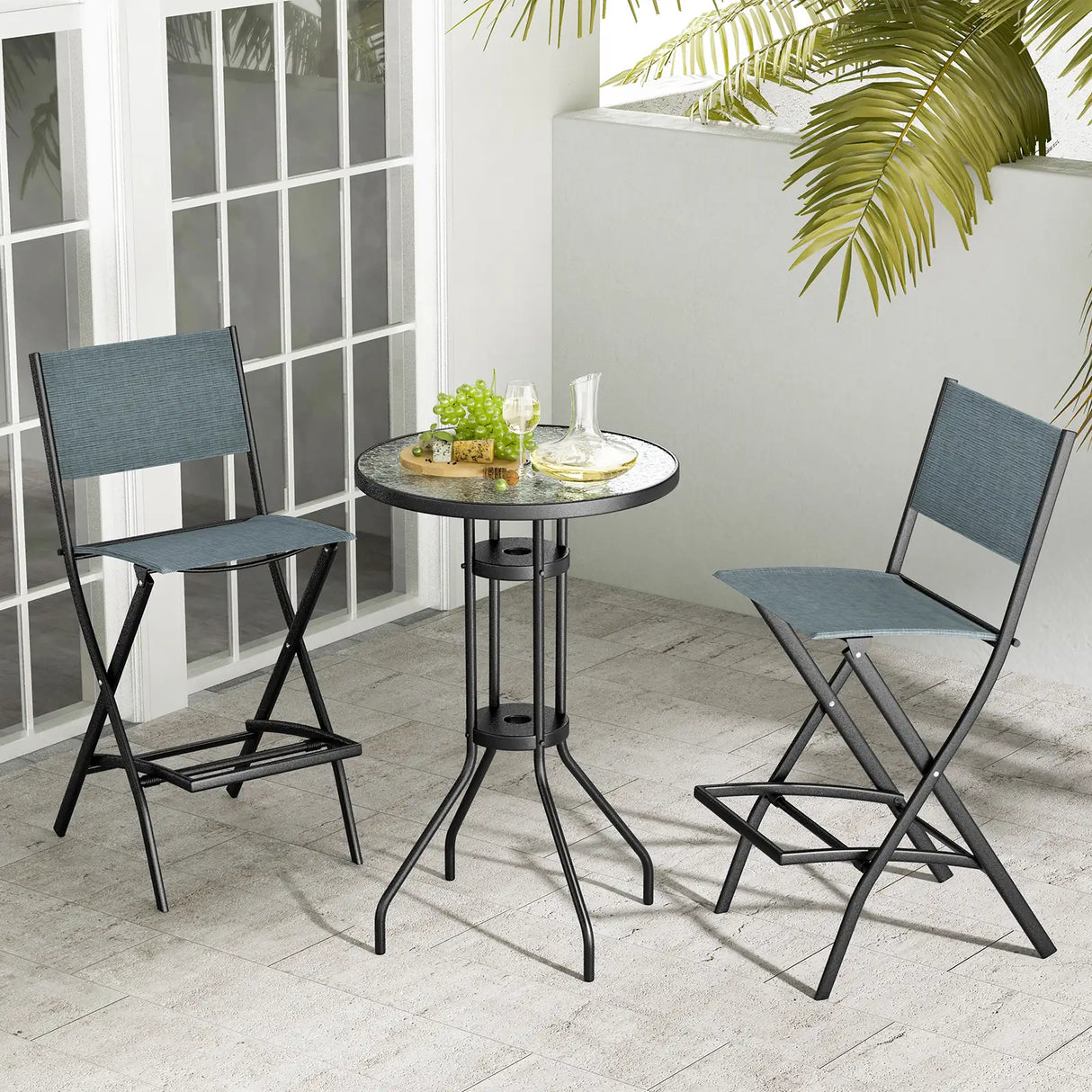 Folding Bar Stools Set of 2 Backrest Humanized Footrest-Blue