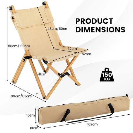 Portable Folding Camping Chair, Bamboo Chair w/ 2-Level Adjustable Backrest, Carrying Bag Included, Outdoor Portable Ultralight Canvas Chair for Picnic, Beach, Patio-0-1 piece