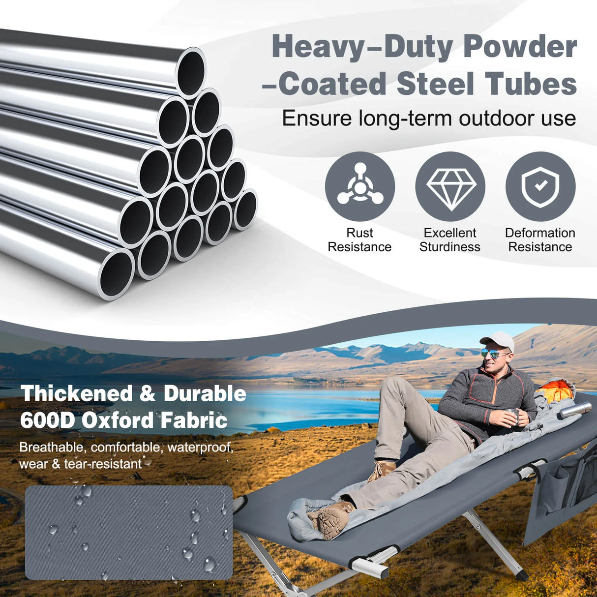 Folding Camping Cot Heavy-duty Camp Bed with Carry Bag-Gray
