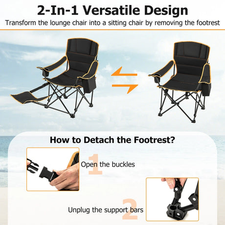 Folding Camping Chair with Footrest Camping Lounge Chair with Carry Bag-Black
