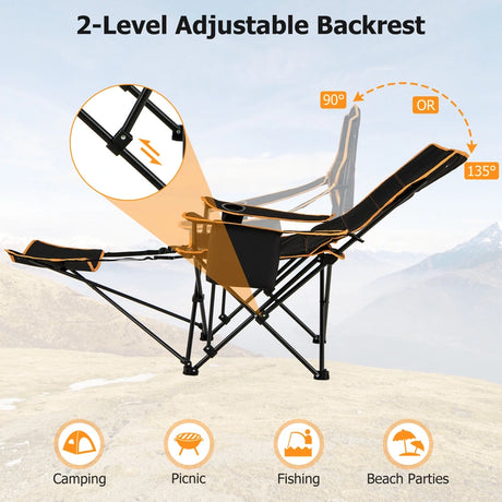 Folding Camping Chair with Footrest Camping Lounge Chair with Carry Bag-Black