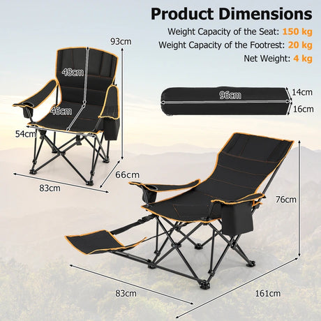 Folding Camping Chair with Footrest Camping Lounge Chair with Carry Bag-Black