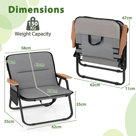 Folding Camping Chairs Set of 2 with Detachable Cushion and Side Pocket-Grey