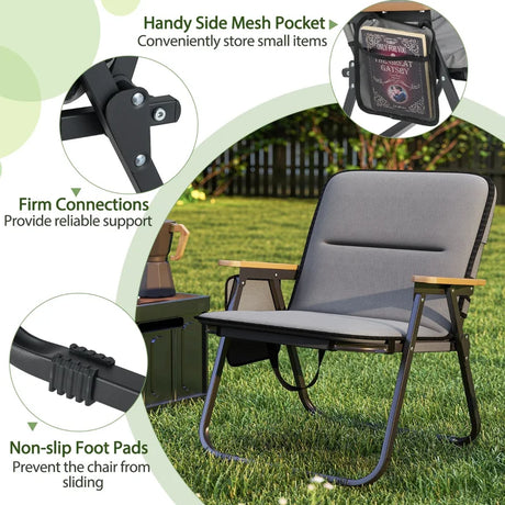 Folding Camping Chairs Set of 2 with Detachable Cushion and Side Pocket-Grey