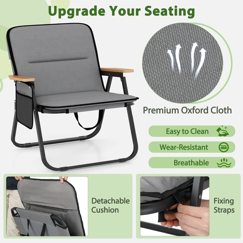 Folding Camping Chairs Set of 2 with Detachable Cushion and Side Pocket-Grey