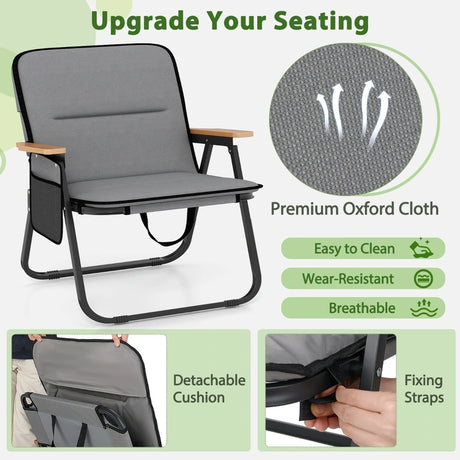 Folding Camping Chairs Set of 2 with Detachable Cushion and Side Pocket-Grey