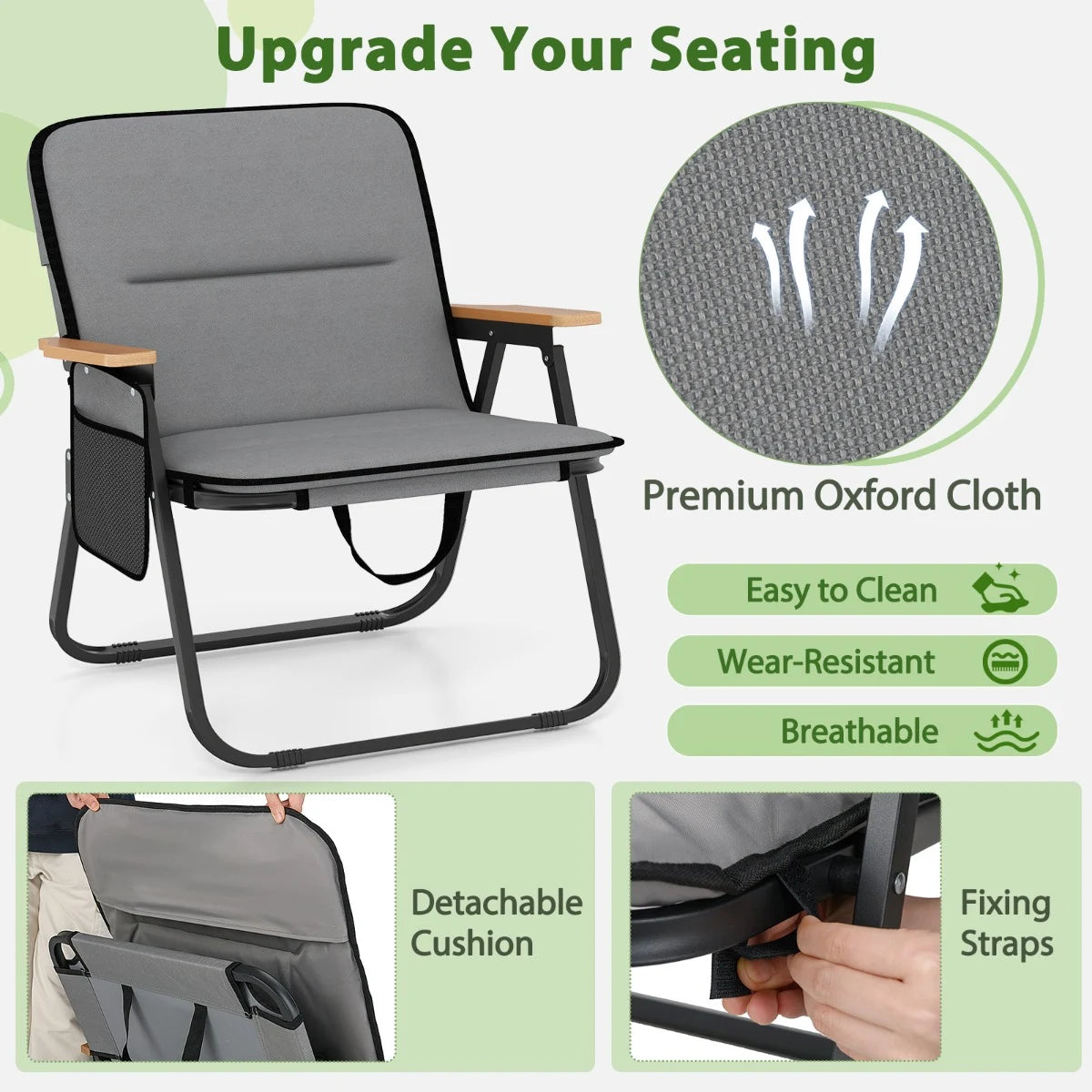 Folding Camping Chairs Set of 2 with Detachable Cushion and Side Pocket-Grey