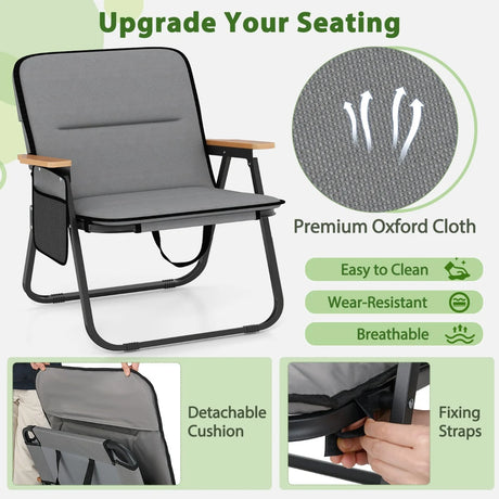 Folding Camping Chairs Set of 2 with Detachable Cushion and Side Pocket-Grey