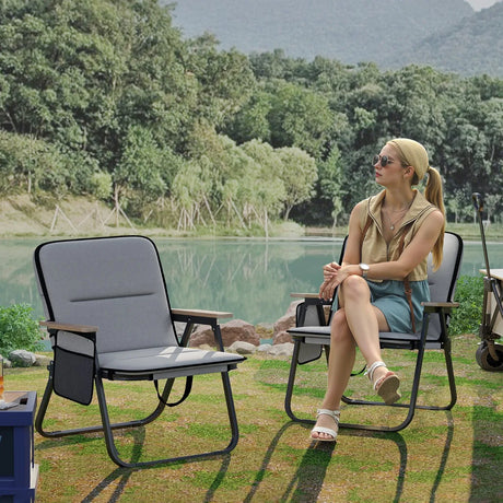 Folding Camping Chairs Set of 2 with Detachable Cushion and Side Pocket-Grey