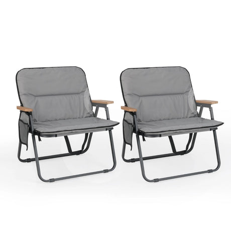 Folding Camping Chairs Set of 2 with Detachable Cushion and Side Pocket-Grey