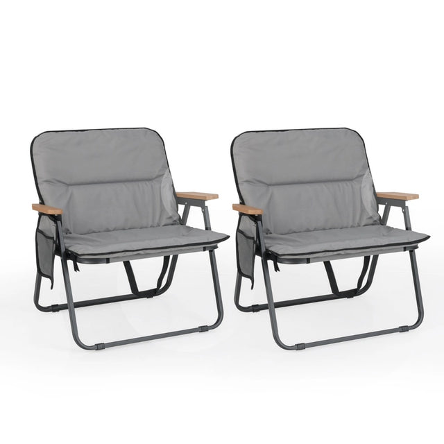 Folding Camping Chairs Set of 2 with Detachable Cushion and Side Pocket-Grey