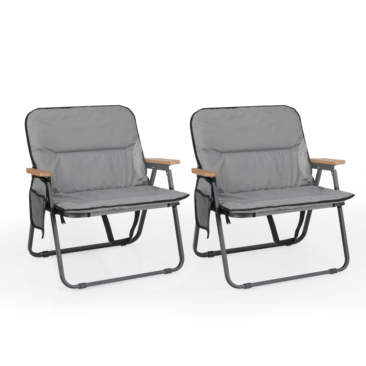 Folding Camping Chairs Set of 2 with Detachable Cushion and Side Pocket-Grey