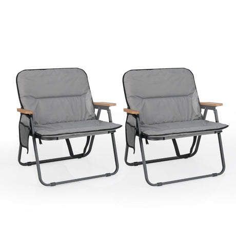 Folding Camping Chairs Set of 2 with Detachable Cushion and Side Pocket-Grey