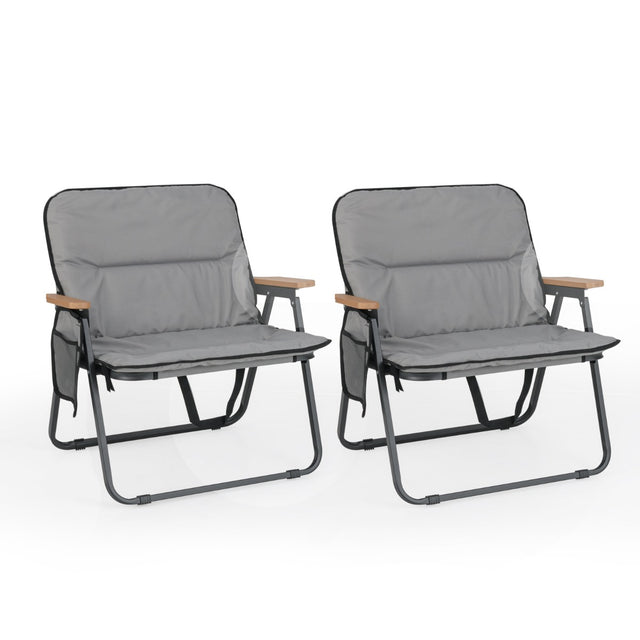 Folding Camping Chairs Set of 2 with Detachable Cushion and Side Pocket-Grey