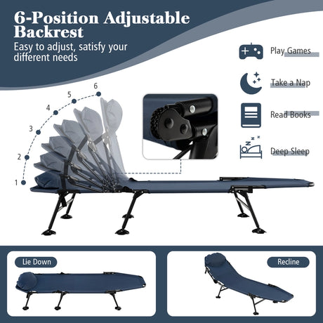 Folding Camping Cot with Detachable Mattress and Adjustable Backrest-Navy
