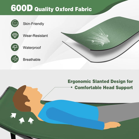 Camping bed Heavy-duty travel bed with headrest 190 x 70 x 54 cm Green