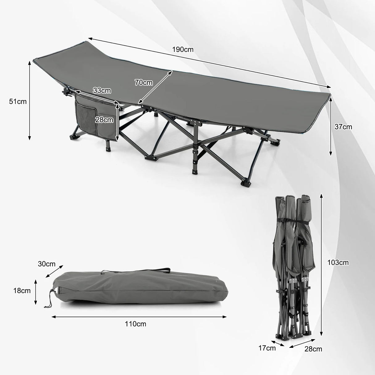 Foldable Camping Bed Heavy Duty Travel Bed 190 x 70 x 54 cm Grey