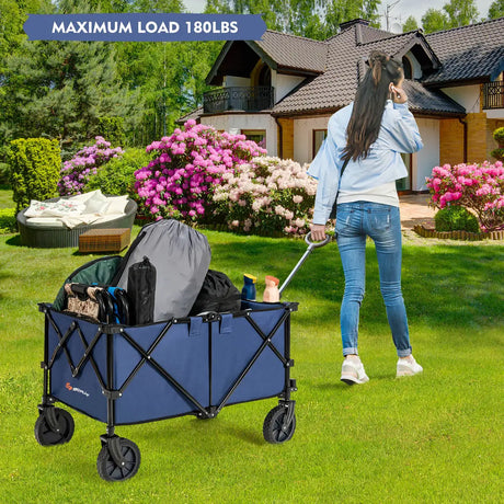 Outdoor Folding Wagon Cart with Adjustable Handle and Universal Wheels-Navy
