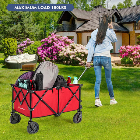 Outdoor Folding Wagon Cart with Adjustable Handle and Universal Wheels-Red