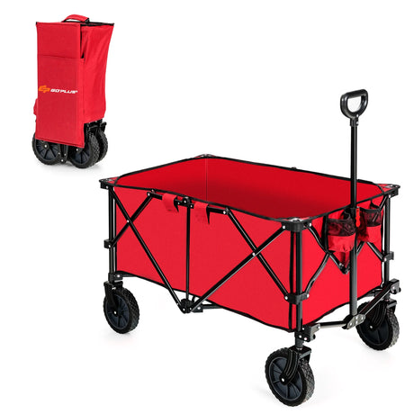 Outdoor Folding Wagon Cart with Adjustable Handle and Universal Wheels-Red