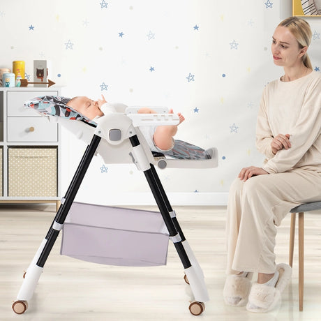 Folding Convertible Baby High Chair with Reclining Backrest-Light Grey