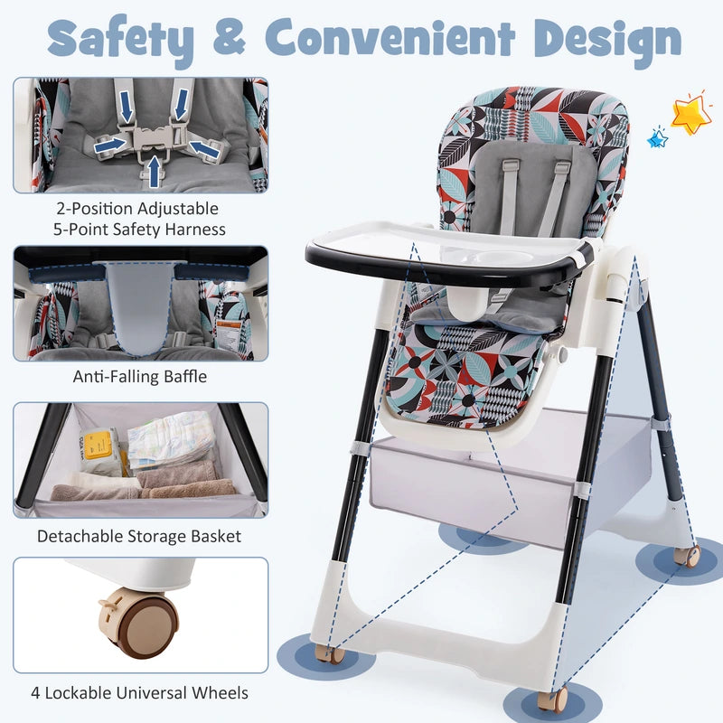Folding Convertible Baby High Chair with Reclining Backrest-Light Grey