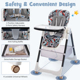 Folding Convertible Baby High Chair with Reclining Backrest-Light Grey