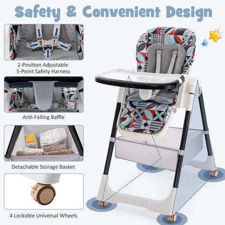 Folding Convertible Baby High Chair with Reclining Backrest-Light Grey