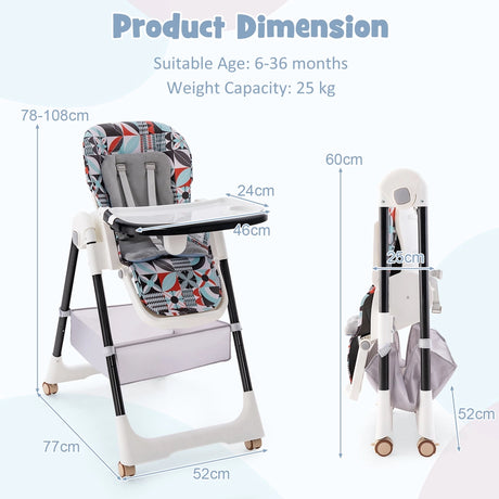 Folding Convertible Baby High Chair with Reclining Backrest-Light Grey