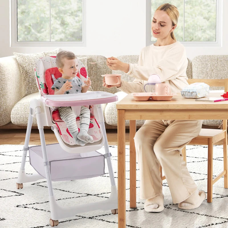 Folding Convertible Baby High Chair with Reclining Backrest-Pink