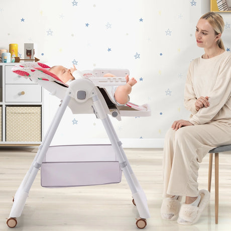 Folding Convertible Baby High Chair with Reclining Backrest-Pink