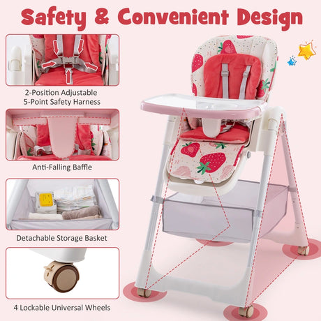 Folding Convertible Baby High Chair with Reclining Backrest-Pink