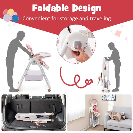 Folding Convertible Baby High Chair with Reclining Backrest-Pink