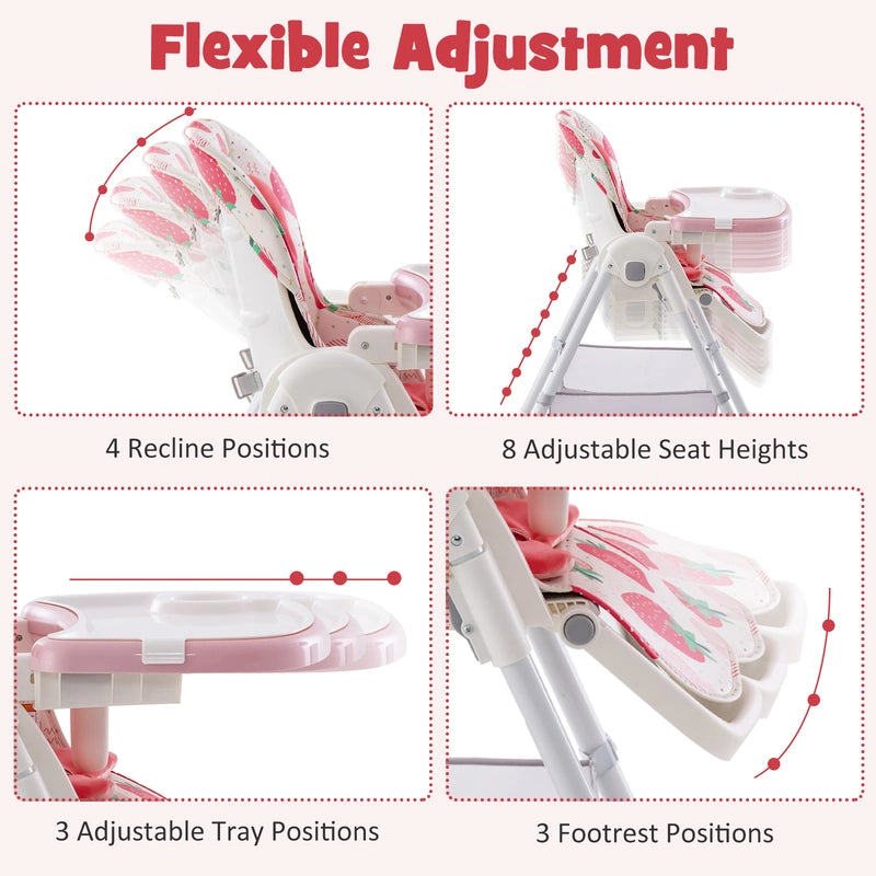 Folding Convertible Baby High Chair with Reclining Backrest-Pink