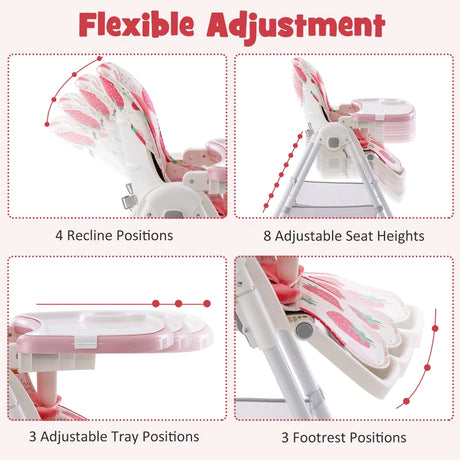 Folding Convertible Baby High Chair with Reclining Backrest-Pink