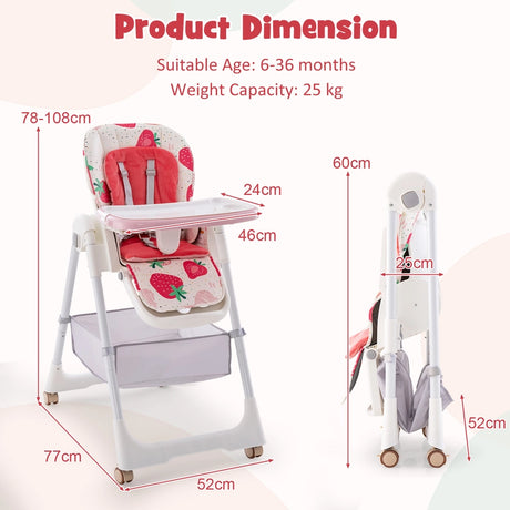 Folding Convertible Baby High Chair with Reclining Backrest-Pink
