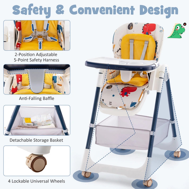 Folding Convertible Baby High Chair with Reclining Backrest-Yellow