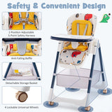 Folding Convertible Baby High Chair with Reclining Backrest-Yellow