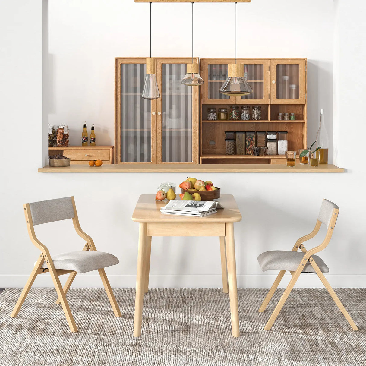 Folding Dining Chair Set of 2 with Solid Wood Frame and Padded Seat-Grey