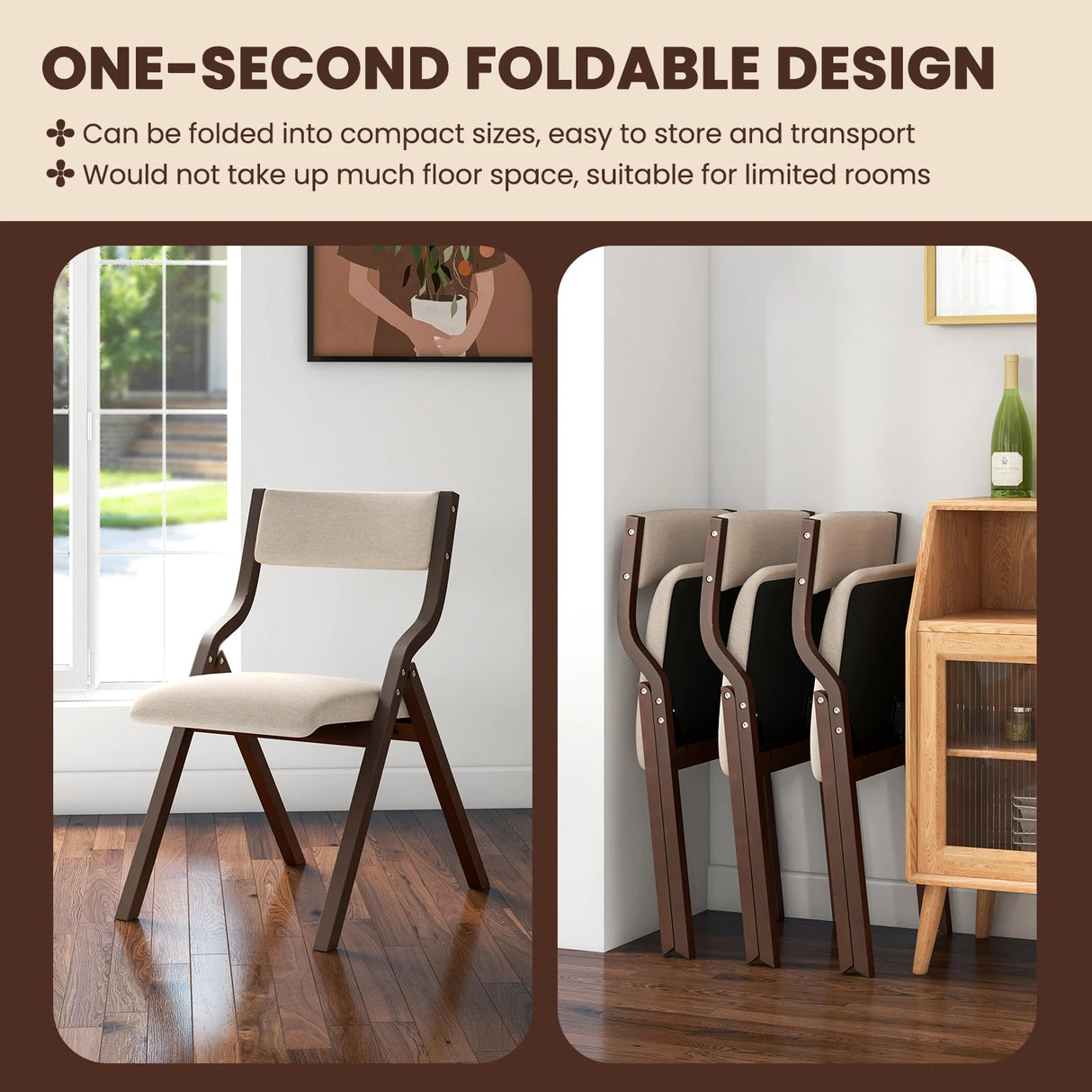 Folding Dining Chair Set of 2 with Solid Wood Frame and Padded Seat-Coffee