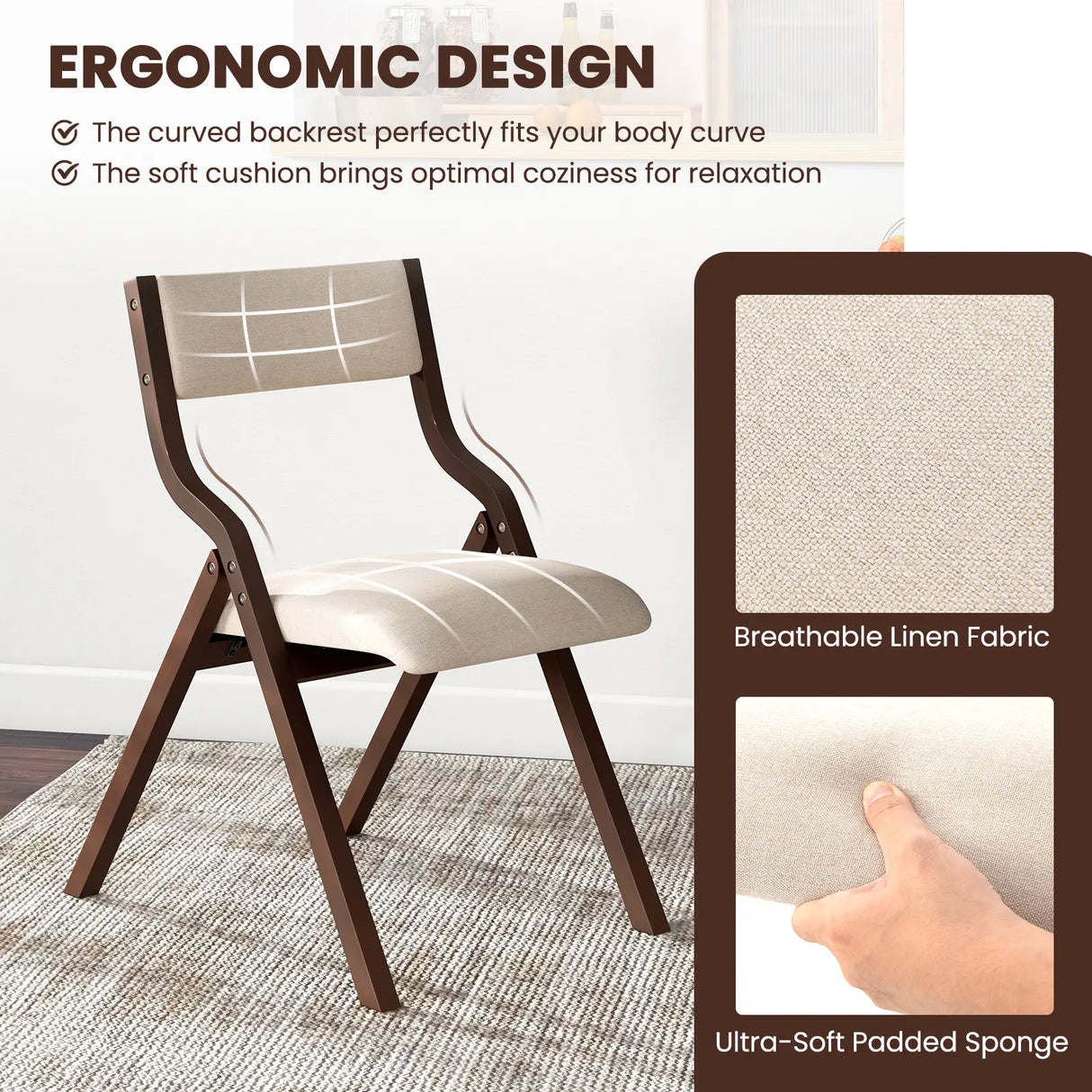 Folding Dining Chair Set of 2 with Solid Wood Frame and Padded Seat-Coffee