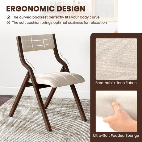 Folding Dining Chair Set of 2 with Solid Wood Frame and Padded Seat-Coffee