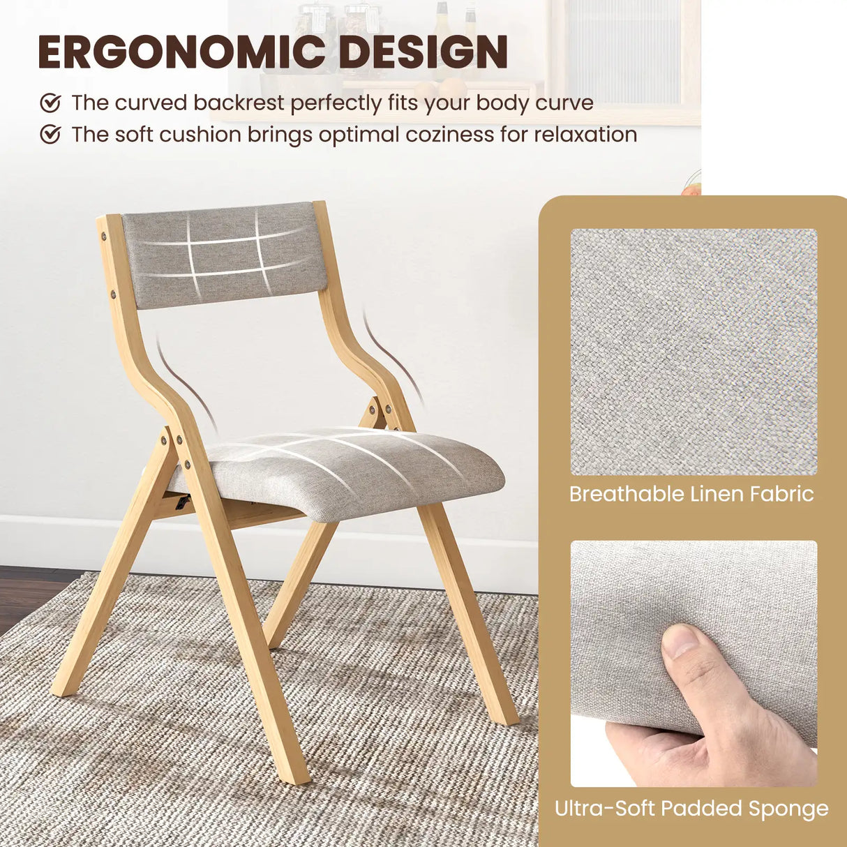 Folding Dining Chair Set of 2 with Solid Wood Frame and Padded Seat-Grey