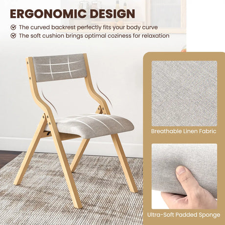 Folding Dining Chair Set of 2 with Solid Wood Frame and Padded Seat-Grey