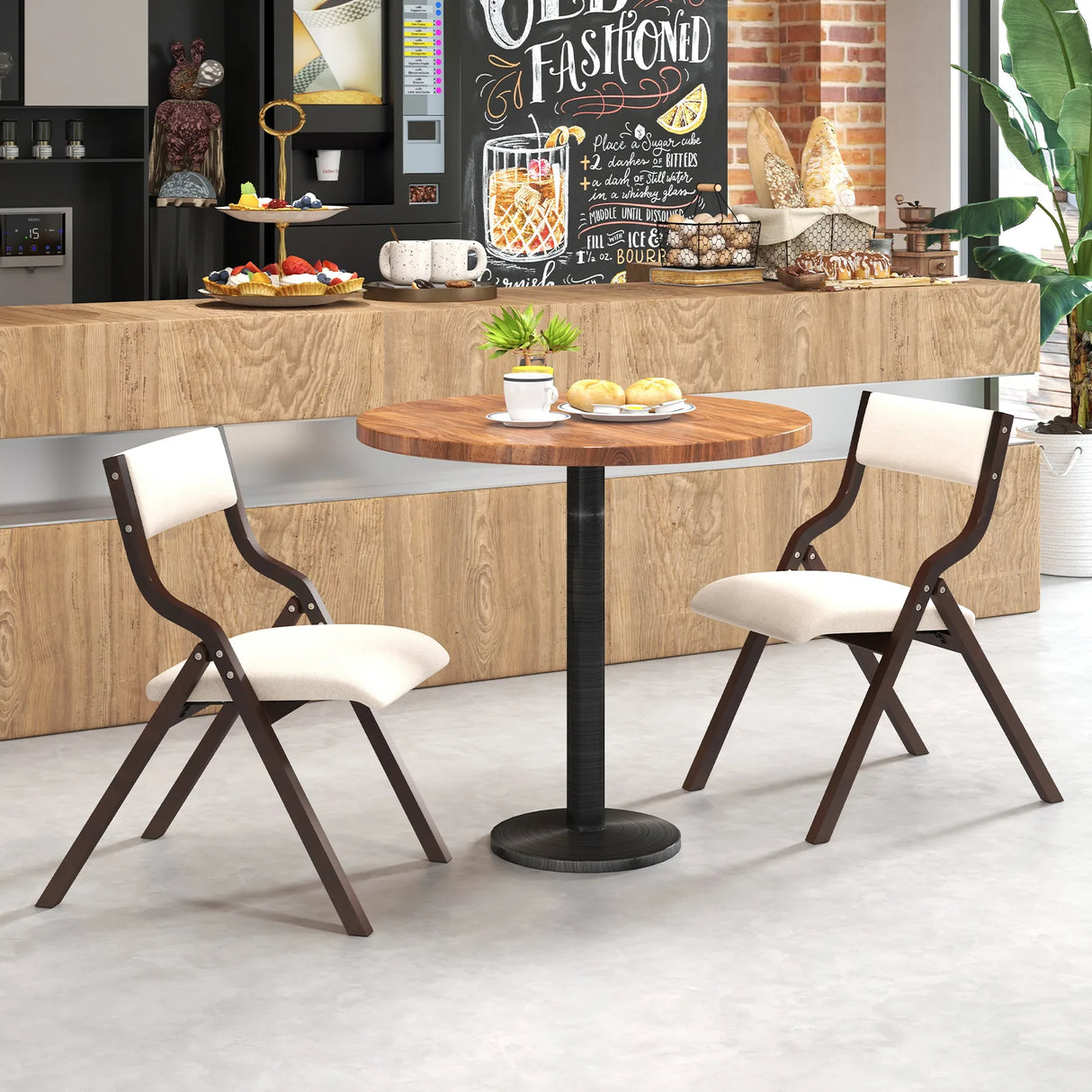 Folding Dining Chair Set of 2 with Solid Wood Frame and Padded Seat-Coffee