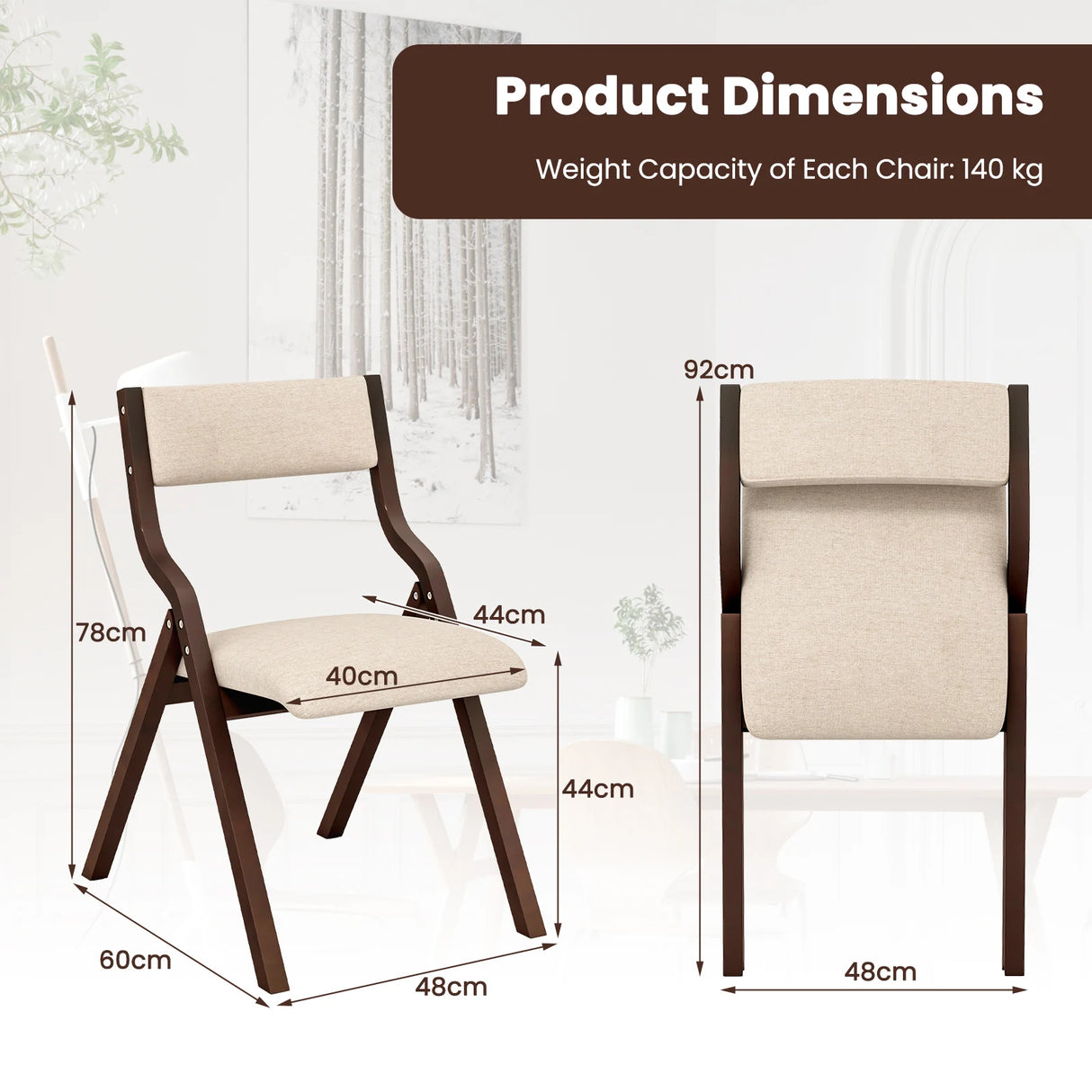 Folding Dining Chair Set of 2 with Solid Wood Frame and Padded Seat-Coffee