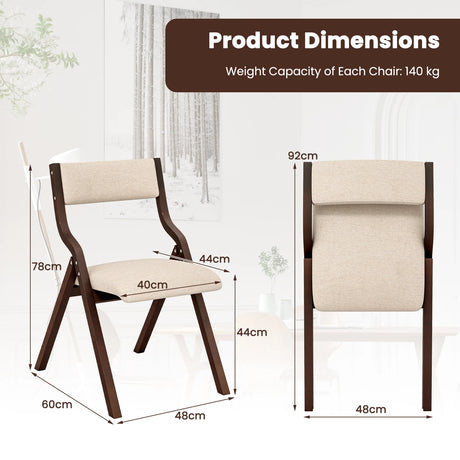Folding Dining Chair Set of 2 with Solid Wood Frame and Padded Seat-Coffee