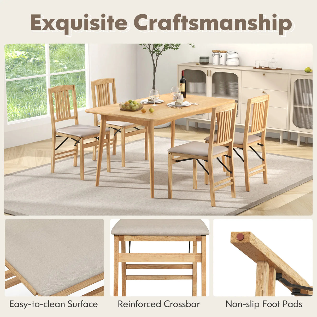 Folding Dining Chairs Set of 2 Upholstered Kitchen Chairs with Padded Seat-Beige
